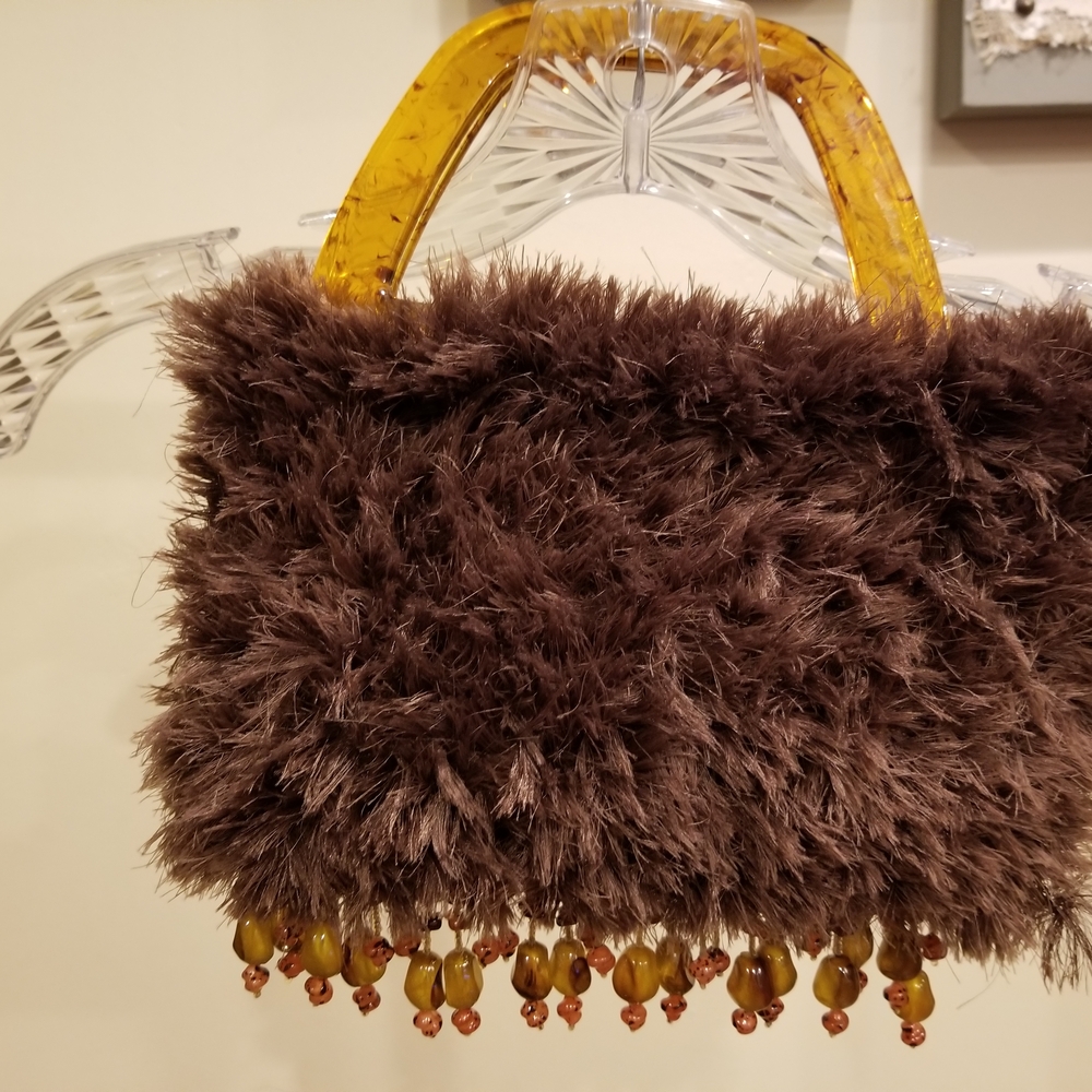 Brown Faux Fur Handbag with Amber Handles